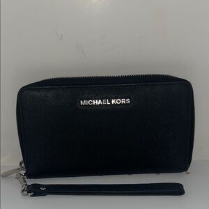 Michael Kors Black Zip-Around Wristlet Wallet with Silver Logo